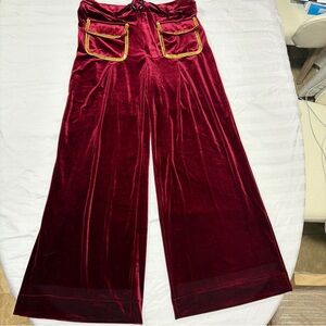 SHEIN Velvet Wide-Leg Pants in Deep Red with Gold Trim